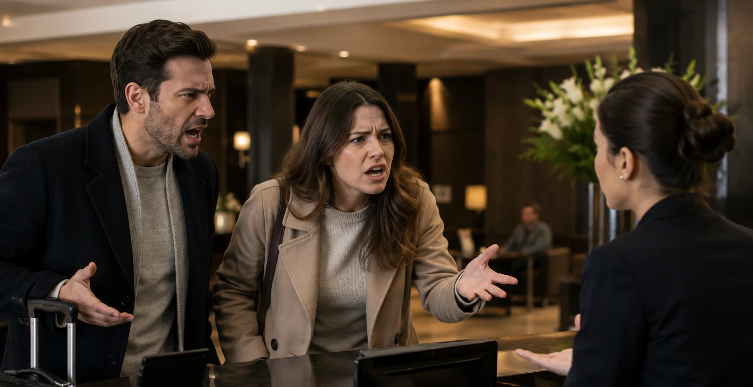 upset-guests-incorrect-booking Upset guests at hotel desk